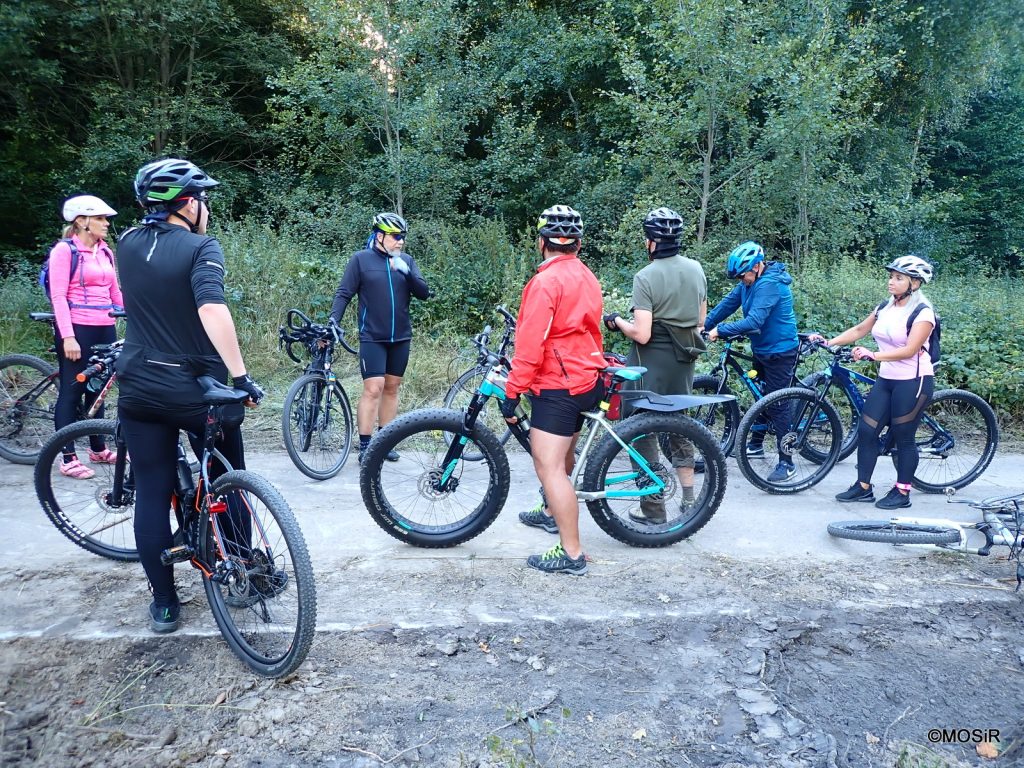 Grupa rowerzystów w lesie